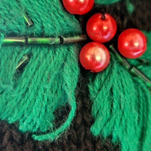 Vintage Christmas Cardigan Sweater With Embroidered Stockings & Holly - Picture 9 of 16